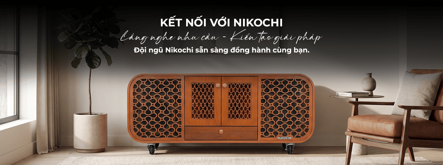 Kết nối với Nikochi: tủ loa gỗ chạm hoa văn đặt trong phòng khách, lắng nghe nhu cầu và kiến tạo giải pháp cùng đội ngũ Nikochi