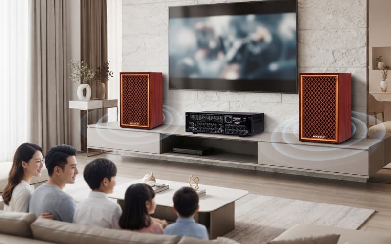Dàn âm thanh nghe nhạc vàng bố trí trong phòng khách gia đình