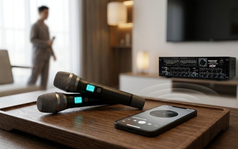 Micro không dây và Bluetooth trong dàn karaoke gia đình cao cấp