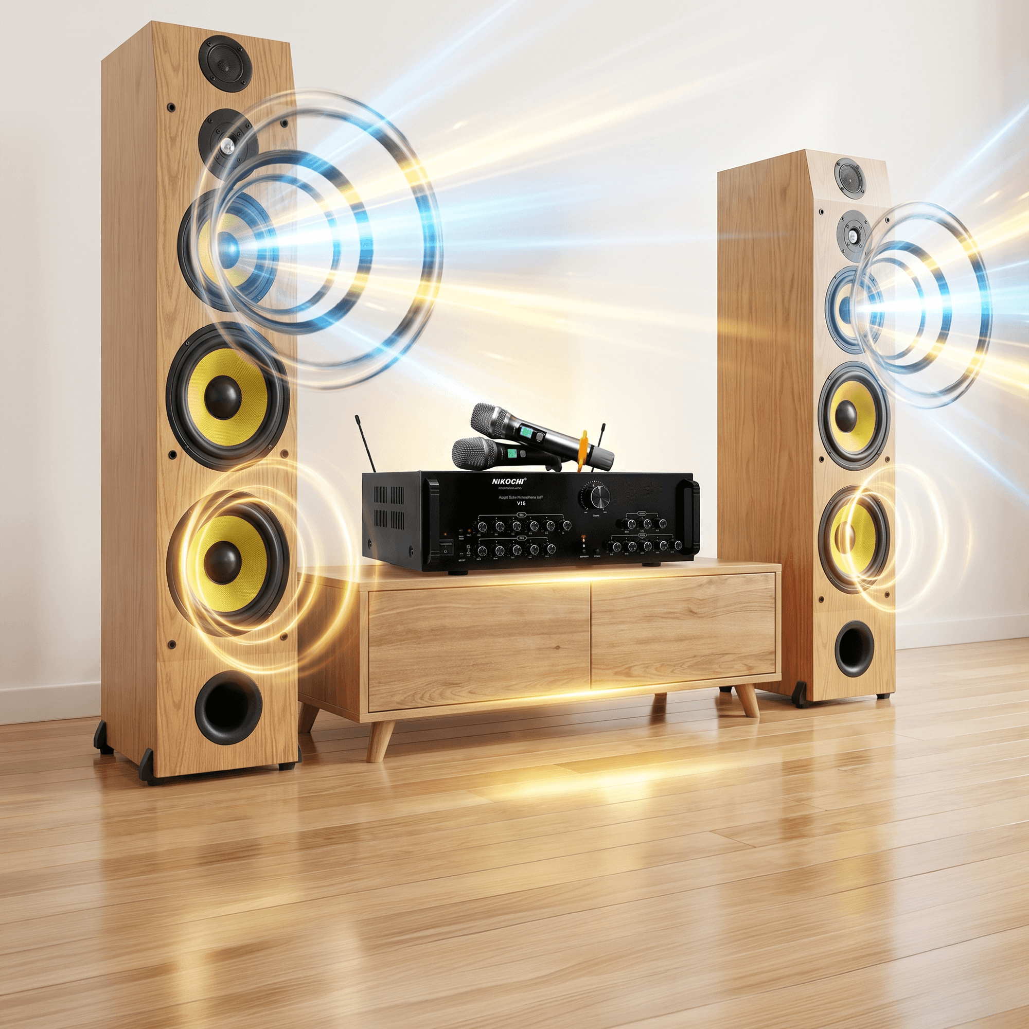 Dàn karaoke gia đình với cặp loa, amply và micro phù hợp không gian phòng khách
